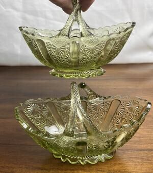 Fenton Daisy & Button Pattern Split Twig Handle Colonial Green Glass Basket Pair